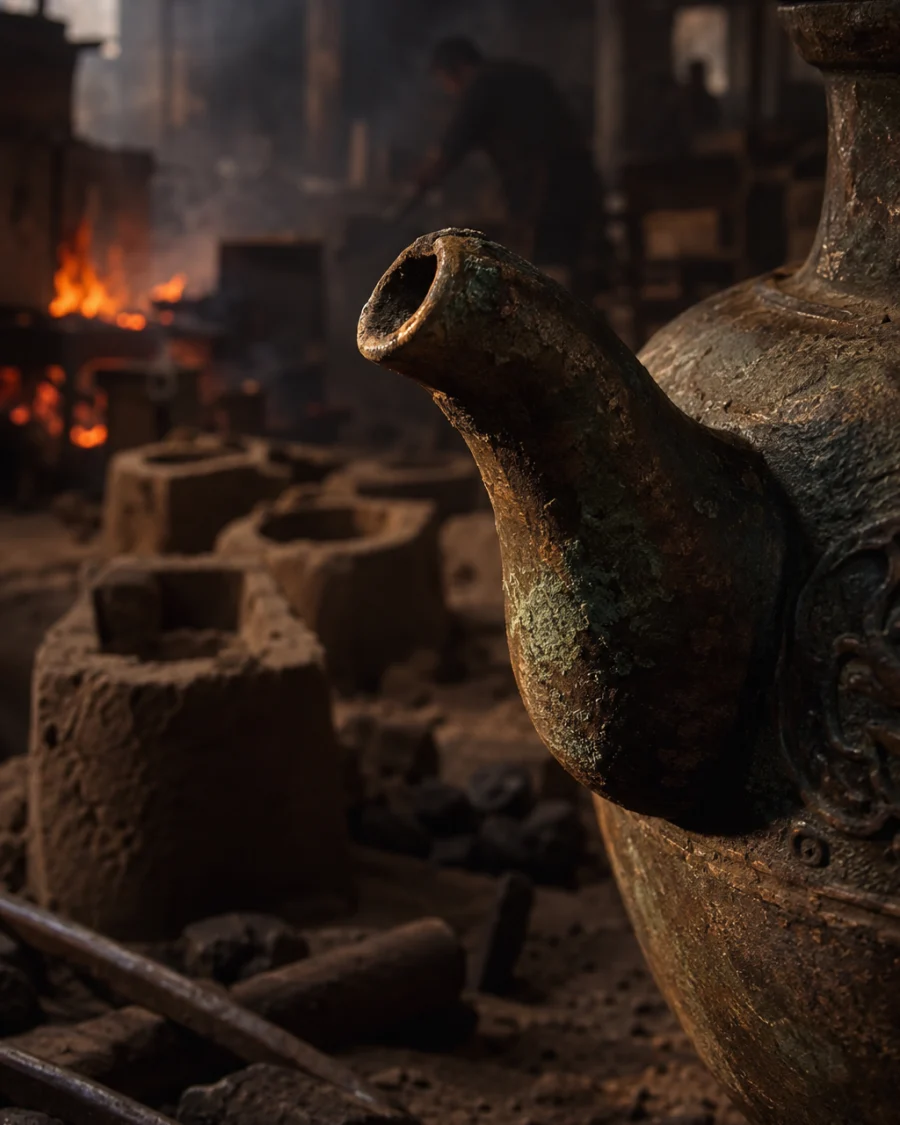 Water dropper, bronze, close-up of the small spout, in the Đại Bái foundry, sand moulds and charcoal glow, dark bronze with a green-brown patina, smoke and low light