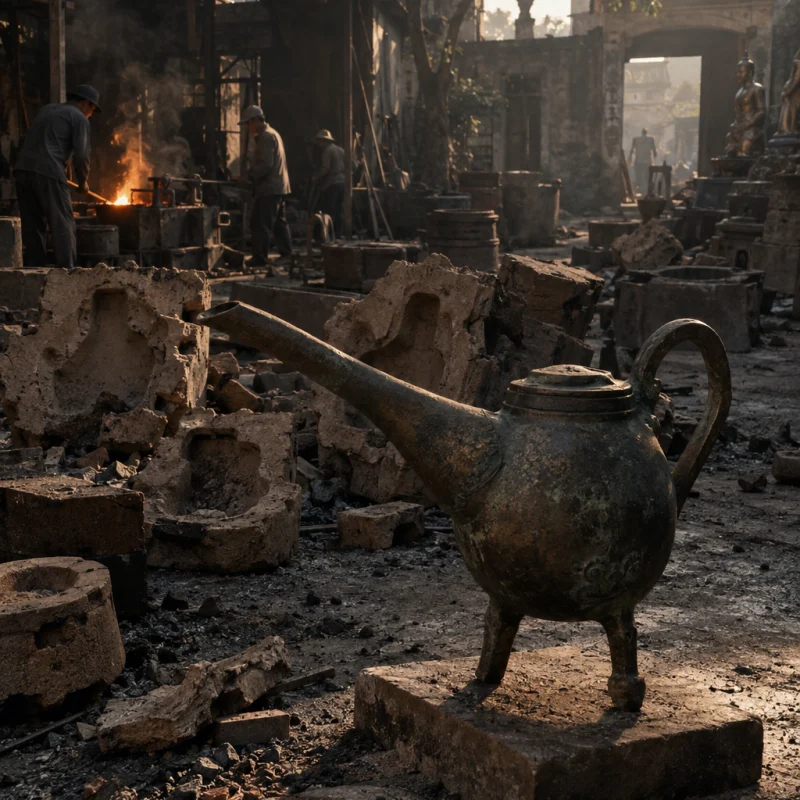 Water dropper, bronze, the bronze standing on a tile in the foundry yard, broken moulds behind, in the Đại Bái foundry, sand moulds and charcoal glow, dark bronze with a green-brown patina, smoke and low light