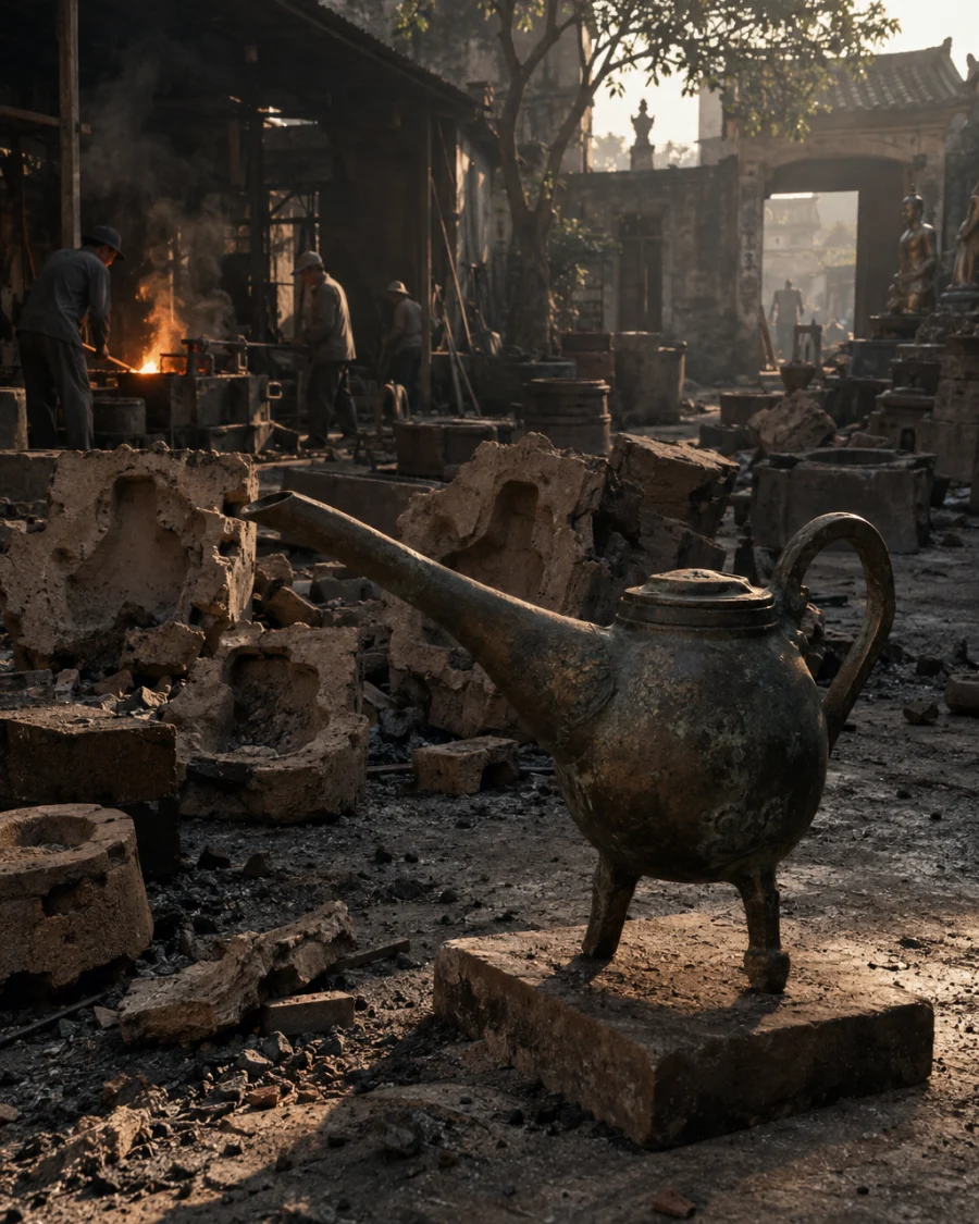 Water dropper, bronze, the bronze standing on a tile in the foundry yard, broken moulds behind, in the Đại Bái foundry, sand moulds and charcoal glow, dark bronze with a green-brown patina, smoke and low light